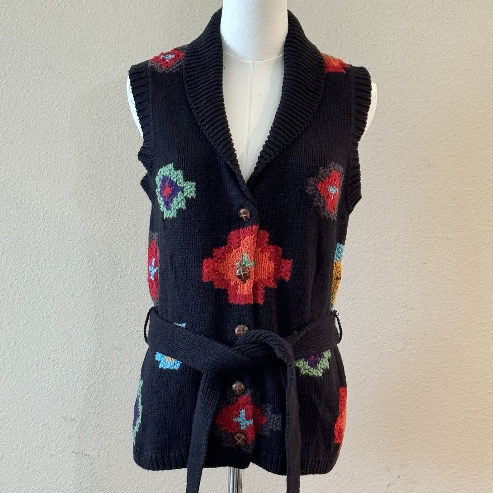 Vintage Cambridge Dry Goods Sweater Vest Southwestern Aztec Belted Knit 90s